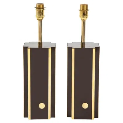 Pre-owned Willy Rizzo Pair Of Deep Brown Laminate Table Lamps With Brass Accents, French 1970s