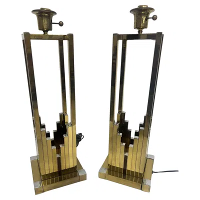 Pre-owned Willy Rizzo Pair Of Geometric Brass And Chrome Table Lamps By  For Lumica In Brown