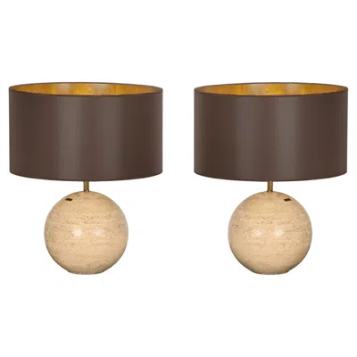 Pre-owned Willy Rizzo Pair Of Massive Spherical Travertine And Brass Table Lamps, Signed, Italy, 1973 In Brown