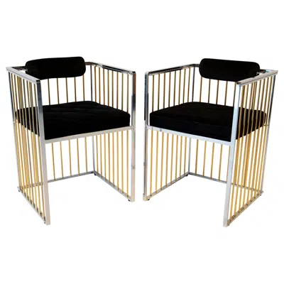 Pre-owned Willy Rizzo Pair Of Post Modern Vesey Or Rizzo Style Chrome With Brass Dowel Side Chairs In Sand