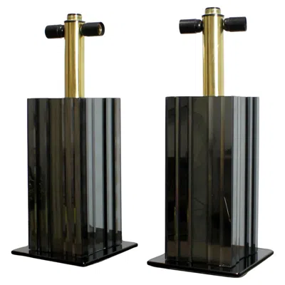 Pre-owned Willy Rizzo Pair Of Smoked Glass Mirror Table Lamps With Gilt Brass Details In Black