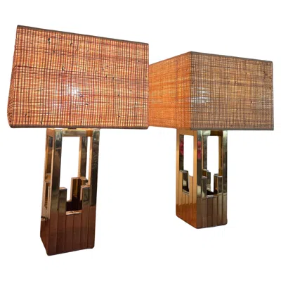 Pre-owned Willy Rizzo Pair Of  For Lumica Table Lamps, Chrome And Brass, 1970s In Brown