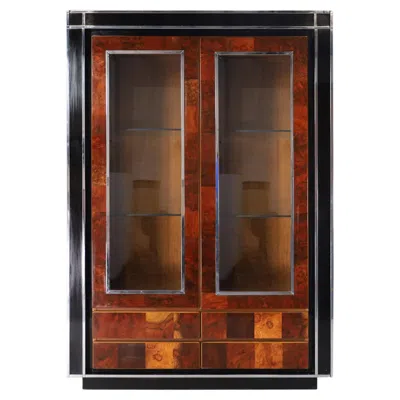 Pre-owned Willy Rizzo Sequoia Burl And Black Lacquer Display Cabinet With Glass Doors 1970