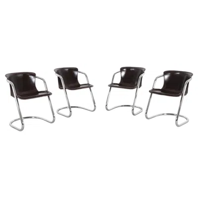 Pre-owned Willy Rizzo Set Of 4  Attributed Chrome & Dark Brown Leather Chairs, Cidue