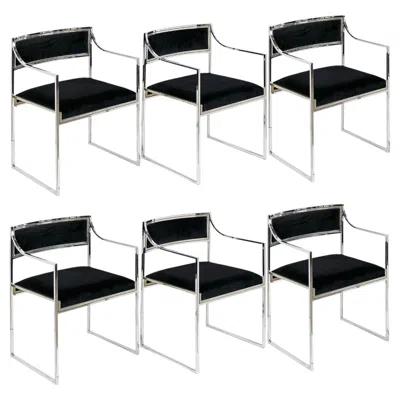 Pre-owned Willy Rizzo Set Of 6 Pcs. Mid-century Italian Chrome Chairs By  In Black