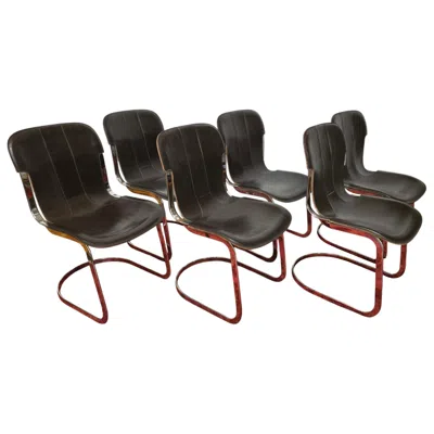 Pre-owned Willy Rizzo Set Of Six  C2 Leather And Chrome Dining Chairs For Cidue, Italy In Black