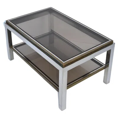 Pre-owned Willy Rizzo Signed  Two-tier Chrome & Brass Coffee Table Smoked Glass Italy 60s In Gray