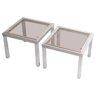 Pre-owned Willy Rizzo Style French Square Side Table Chrome, Brass & Smoked Glass Top, 2 In Gray