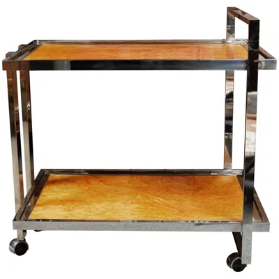 Pre-owned Willy Rizzo Stylish Chrome And Burl Wood Italian Bar Cart In Brown