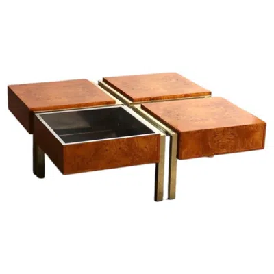 Pre-owned Willy Rizzo Vintage Coffee Table In Walnut Burlwood, Chrome And Brass, Italy 1970s In Brown