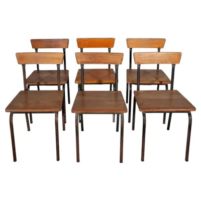 Pre-owned Willy Van Der Meeren Vintage Industrial School Chairs By Tubax, Solid Wood & Tubular Frame, 1950s In Brown