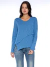Wilt Clothing Crew Long Sleeve Easy Crossover Raw Hem Top In Blue