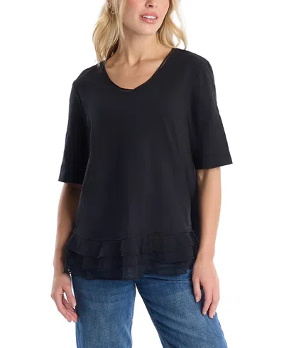 Wilt Clothing V-neck Elbow Sleeve Mixed Media Tee In Blue