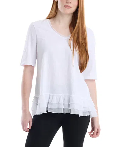 Wilt Clothing V-neck Elbow Sleeve Mixed Media Tee In White