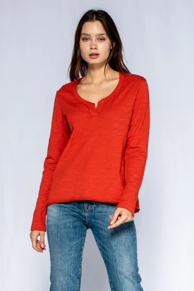 Wilt Clothing Long Sleeve Shrunken Hi-lo Tee W/ Placket In Red