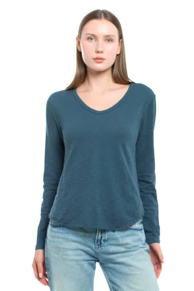 Wilt Clothing Long Sleeve V-neck With Raw Hem Shirttail In Blue