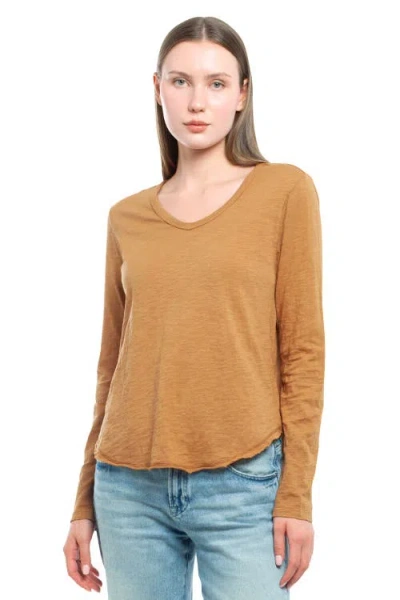 Wilt Clothing Long Sleeve V-neck With Raw Hem Shirttail In Brown