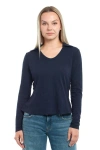 Wilt Clothing Scoop Neck Long Sleeve Polo Tee With Round Hem In Blue