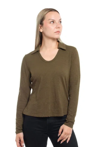 Wilt Clothing Scoop Neck Long Sleeve Polo Tee With Round Hem In Green