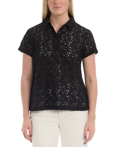 Wilt Clothing Short Sleeve Lace Polo Top In Black