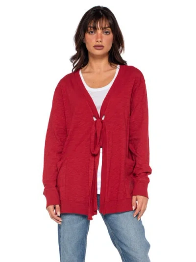 Wilt Clothing Tie Front Long Sleeve Mix Rib Cardigan In Red