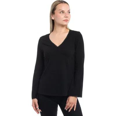 Wilt Clothing V-neck Long Sleeve Empire Seam Trapeze Tee With Lace Trims In Black