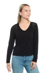 Wilt Clothing V-neck Long Sleeve Mixed Media Tee With Lace Inset In Black