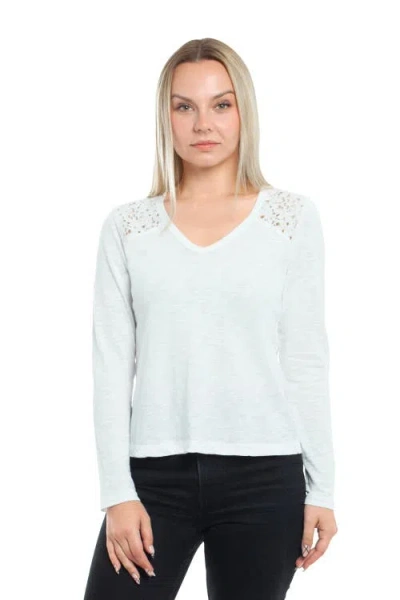 Wilt Clothing V-neck Long Sleeve Mixed Media Tee With Lace Inset In White