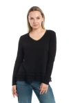 Wilt Clothing V-neck Mixed Media Long Sleeve Tee With Ruffle Hem In Black