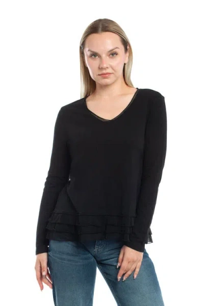Wilt Clothing V-neck Mixed Media Long Sleeve Tee With Ruffle Hem In Black