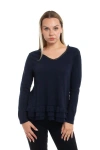 Wilt Clothing V-neck Mixed Media Long Sleeve Tee With Ruffle Hem In Blue