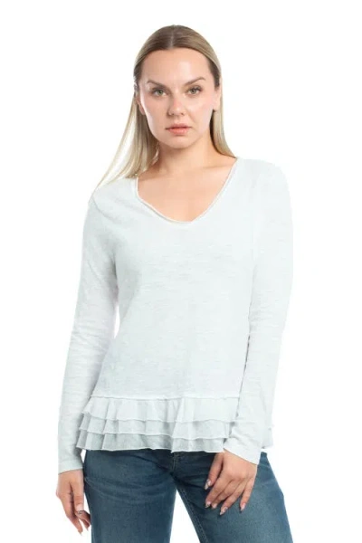 Wilt Clothing V-neck Mixed Media Long Sleeve Tee With Ruffle Hem In White