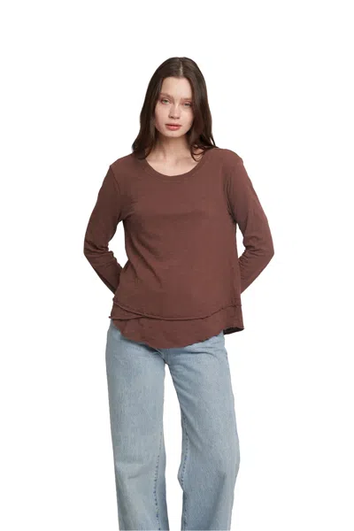 Wilt Long Sleeve Mock Layer Raw Hem Tee In Brown