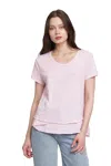 Wilt Short Sleeve Mock Layer Raw Hem Tee In Pink