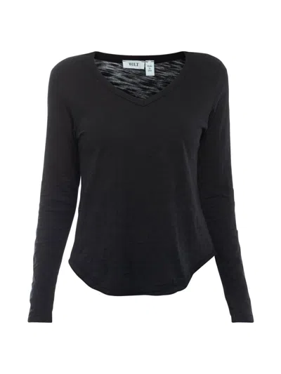 Wilt Women's Long Sleeve V-neck Raw Hem Shirttail In Black