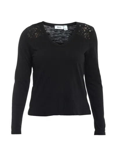 Wilt Women's V-neck Long Sleeve Mixed Media T-shirt In Black