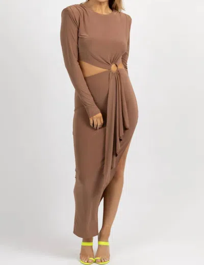 Win Win Apparel Longsleeve Circlet Cutout Midi Dress In Khaki In Brown