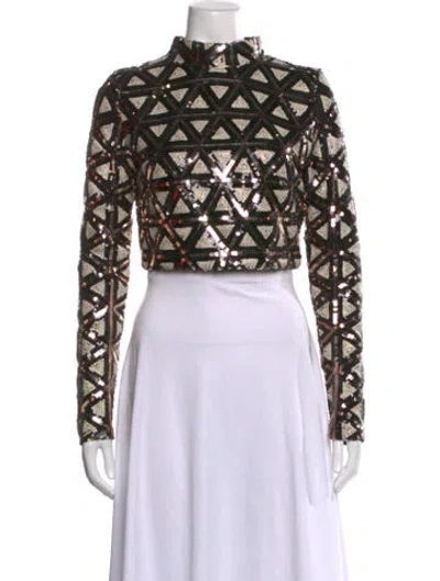 Pre-owned Windsor Graphic Print Mock Neck Crop Top In Black