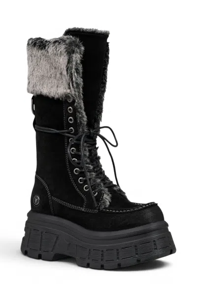 Windsorsmith Women's Black Suede Leather Platform Combat Fur Boots - Saintly