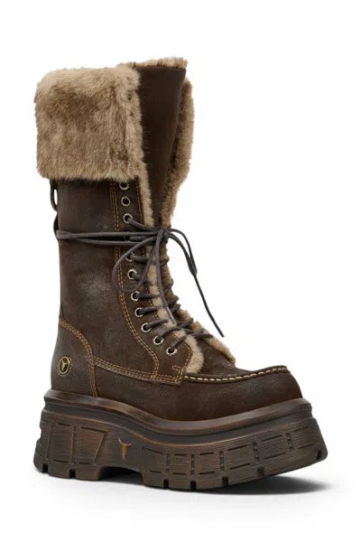 Windsorsmith Women's Brown Suede Leather Platform Combat Fur Boots - Saintly