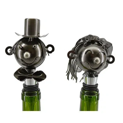 Wine Bodies Kristopher Happily In Love Bride And Groom 2 Piece Bottle Stopper Set In Silver