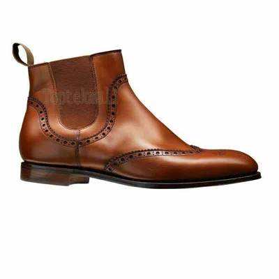 Pre-owned Wingtip Chelsea Handmade Women's Leather Fashion Brown Oxford Brogue  Boots-604