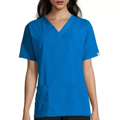 Wink Origins Bravo 3-pocket Womens V Neck Short Sleeve Tag Free Scrub Top In Blue