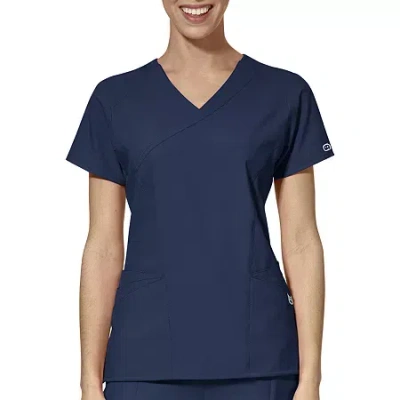 Wink W123 By Wonder 6455 Mock Wrap Womens Plus Short Sleeve Moisture Wicking Wrinkle Resistant Quick  In Blue