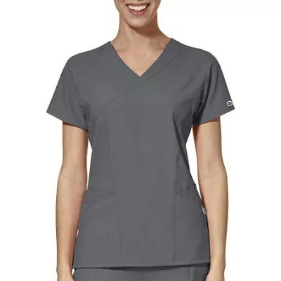 Wink W123 By Wonder 6455 Mock Wrap Womens Plus Short Sleeve Moisture Wicking Wrinkle Resistant Quick  In Gray