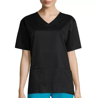 Wink Wonderwork Womens V Neck Short Sleeve Tag Free Scrub Top In Black