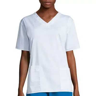 Wink Wonderwork Womens V Neck Short Sleeve Tag Free Scrub Top In White