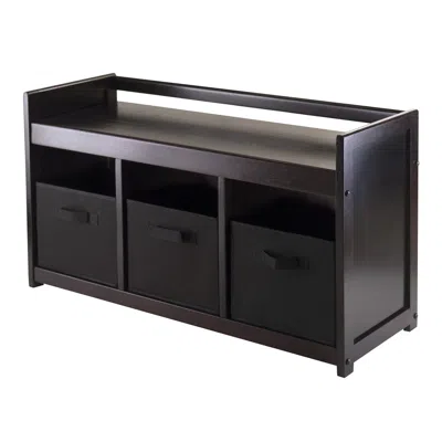 Winsome Wood Addison 4pc Storage Bench With 3 Foldable Fabric Baskets In Black In Brown