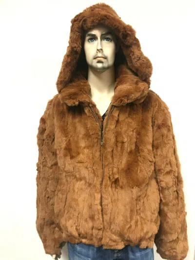 Pre-owned Winter Fur Ny Mens Genuine Rex Rabbit 100% Genuine Fur Winter Coat Jacket Usa Cognac Tan In Brown