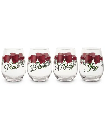 Winterberry Red Ribbon Stemless Wine Glasses, Set Of 4 In Assorted